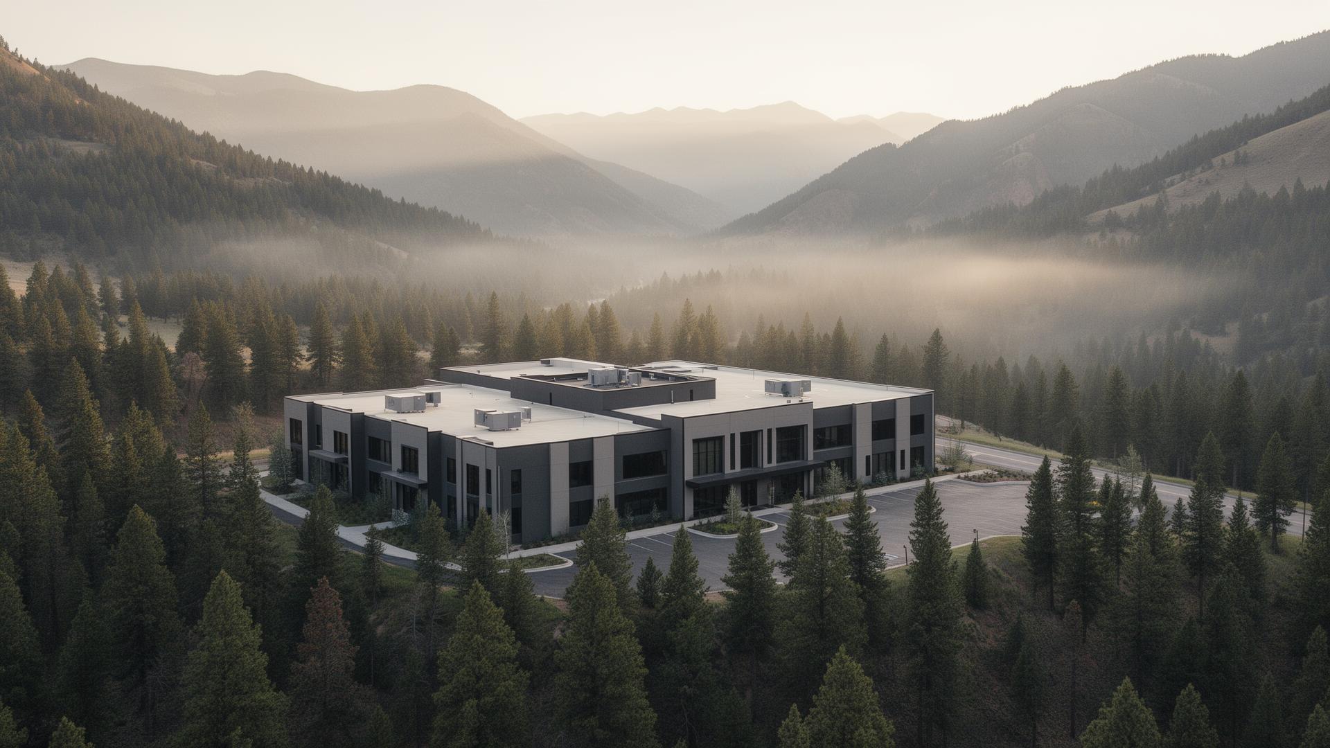 Modern commercial building set against Colorado mountain foothills